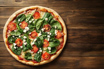 Vegetarian pizza topped with fresh spinach leaves, sliced tomatoes, and crumbled cheese on crispy crust, placed on rustic wooden table creating warm and inviting atmosphere