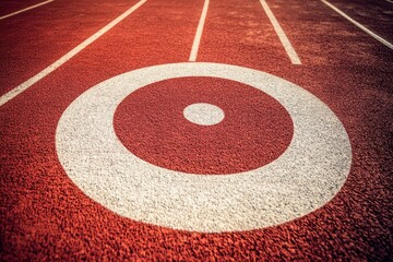 Target symbol painted in white on red running track with lane markings, representing focus and precision in sports or training activities. textured surface adds depth and realism
