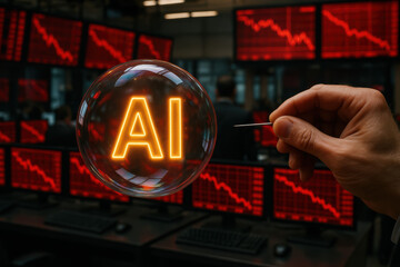 AI bubble trading stock decline tense trading floor with a hand holding a pin near floating glass orb investors anxious at red charts