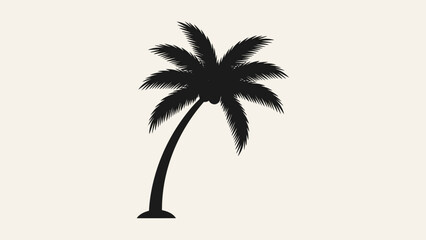 Obraz premium Black silhouette of a tropical palm tree with a curved trunk and fronds against a light background, symbolizing summer and vacation.