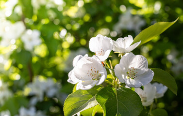 Delicate white flowers bloom amidst vibrant green leaves, illuminated by bright sunlight, creating a serene and refreshing atmosphere that highlights the beauty of nature in springtime