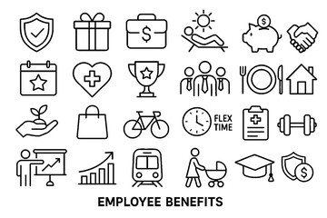 Employee Benefits Line Icons Set – HR Perks, Wellness, Insurance, Rewards, Work-Life Balance Symbols