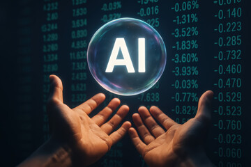 AI hand bubble market finance hands holding glowing bubble over falling market numbers conveying urgent tension and digital transformation