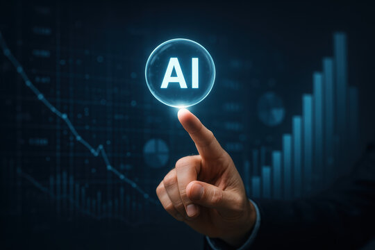 Artificial intelligence ai hand holographic data glow confident professional point to floating ai bubble above financial chart and bar graph conveying strategic insight - Powered by Adobe