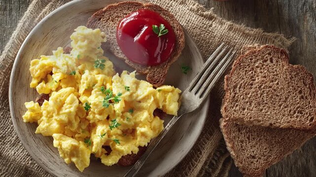 Delicious scrambled eggs with fresh thyme on whole wheat toast, served with ketchup on a rustic table