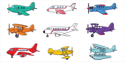 Collection of Nine Cartoon Airplanes and Biplanes in Various Colors aircraft aviation © Creatives Mind