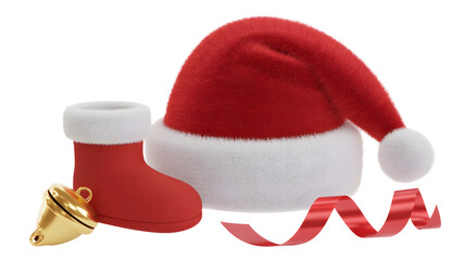 A festive collection of Christmas items including a Santa hat, a red boot, a golden bell, and a red ribbon, all on a white background.