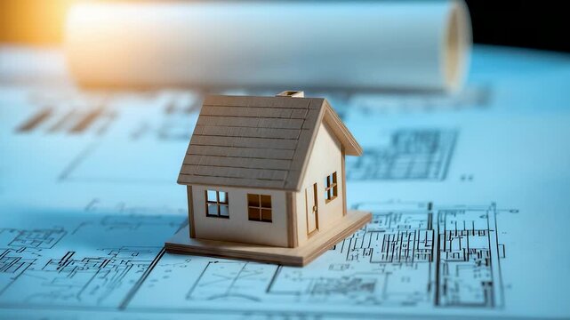 Small Wooden House Model Placed on Architectural Blueprints with Rolled Plans Showing Residential Design Planning and Property Development Concept