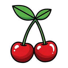 Luscious Cherries Duo: A vibrant illustration showcasing two plump, ripe cherries, each radiating a sweet allure, connected by a delicate green stem with leaves, inviting a sensory delight.