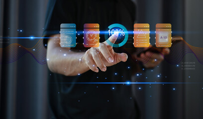 Businessman Pointing at 100% Download — Fast Data Transfer and Digital Speed Concept