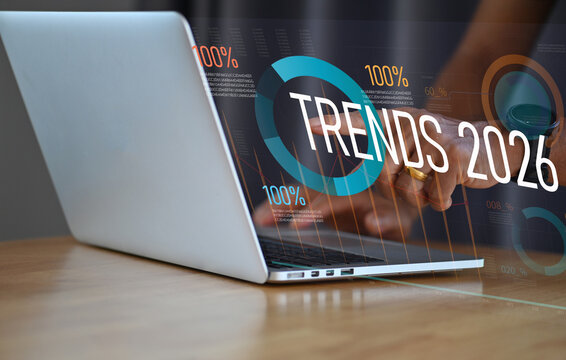 Businessman Pointing at Trends 2026 &mdash; Future Business and Technology Trend Concept
