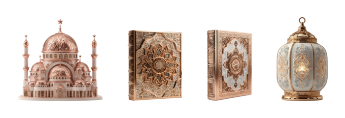 A selection of exquisite islamic and arabic decorations including a decorative ring mosque dome crescent moon ornament and another ornate ring on transparent background