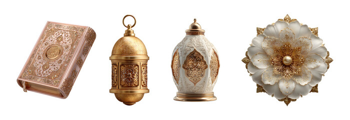 Elegant ramadan kareem quran lantern and decorative flower on transparent background for islamic greeting card or festival designs