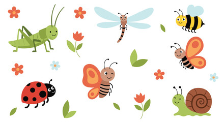 Fototapeta premium An adorable set of cute cartoon garden insects including a ladybug butterfly snail and bee isolated on a white background.
