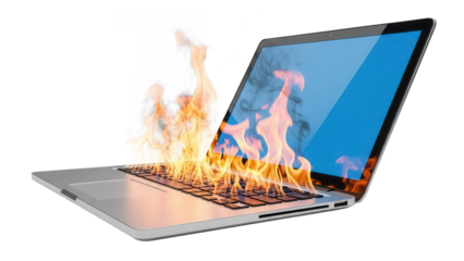 Laptop on fire PNG isolated on transparent background, burning computer with flames for technology disaster and data loss concepts