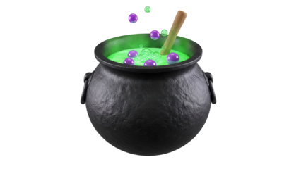 Witch s cauldron with green potion and purple bubbles PNG isolated on transparent background, Halloween spooky brew for graphic design