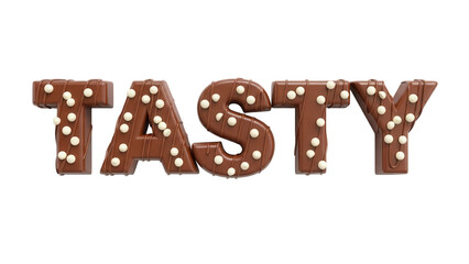 Chocolate tasty word isolated PNG, delicious dessert lettering with white sprinkles on transparent background for confectionery and sweet treat designs