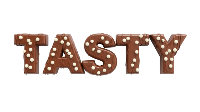 Chocolate tasty word isolated PNG, delicious dessert lettering with white sprinkles on transparent background for confectionery and sweet treat designs - Powered by Adobe