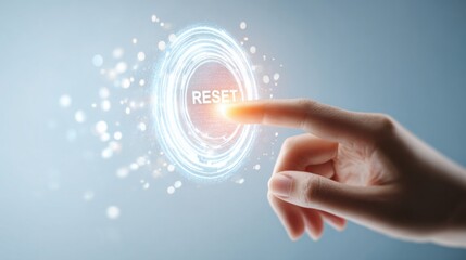 Close up of a hand touching a holographic RESET icon floating in the air, bright futuristic white background, soft glowing particles, concept