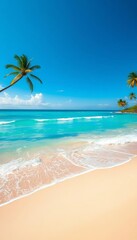 Obraz premium Sun-kissed sand meets turquoise waves, palm trees sway gently, a perfect paradise escape, travel, vibrant