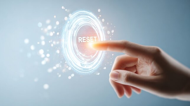 Close up of a hand touching a holographic RESET icon floating in the air, bright futuristic white background, soft glowing particles, concept