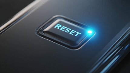 Close up of a sleek silver device with a glowing RESET button illuminated in cool neon blue, dark to light gradient background, sharp reflections