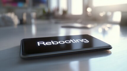 Close up of a smartphone lying on a clean desk with a glowing Rebooting animation, soft bright blurred workspace behind, modern digital reset mood
