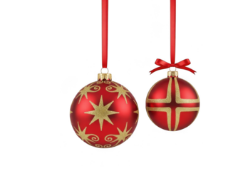 Two shiny red christmas baubles with gold glitter decoration hanging by red ribbon isolated on transparent background
