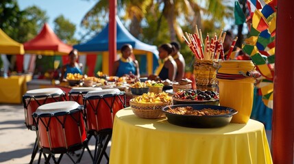 A vibrant cultural festival display showcases drums, food, and decorated containers on a sunny day, inviting visitors to experience the local traditions outdoors.