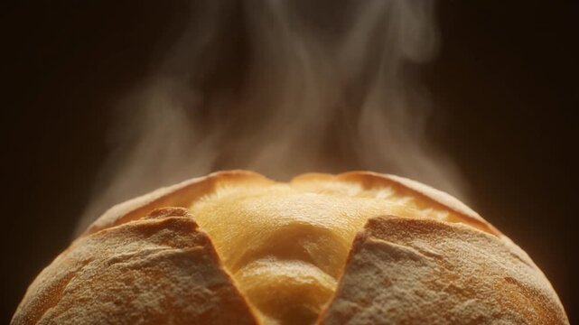Close-up of a freshly baked, warm loaf of bread with steam rising from its golden crust.