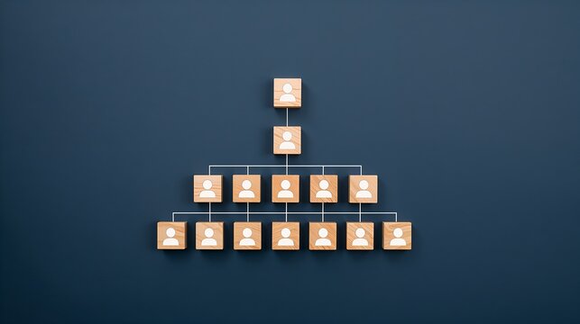 organizational structure in the form of wooden blocks representing a team, emphasizing hierarchical connections and unity 