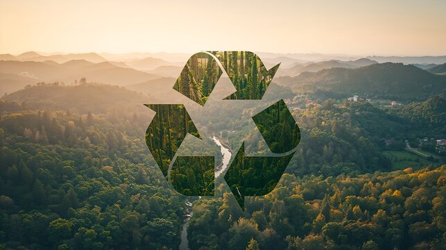 a recycling symbol is superimposed on a lush forest, with hills and the warm glow of the sun in the background, a strong message of sustainability and environmental responsibility