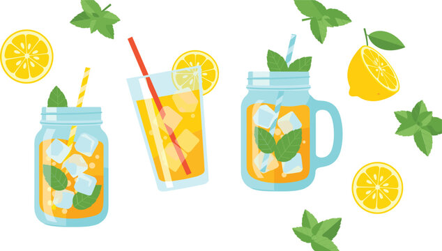 Refreshing lemon drink illustration set with iced lemonade glasses jars mint leaves and summer citrus pattern