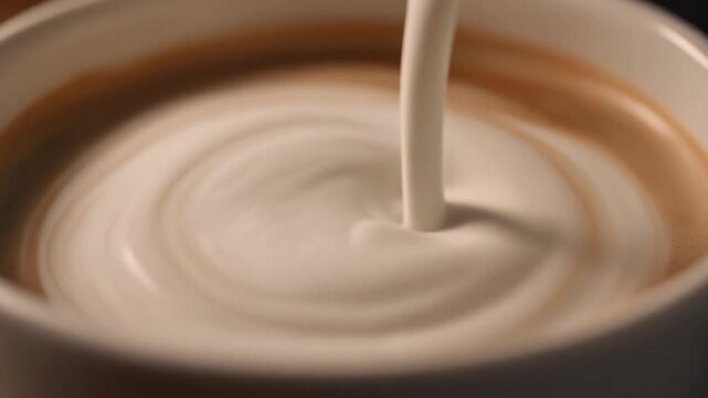 Close-up shot of fresh white milk being poured into a cup, creating a beautiful swirling pattern on the surface of the brown beverage.
