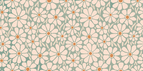 Fototapeta premium Delicate floral pattern with repeating white daisies and muted green foliage