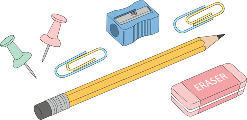 Stationery and office supplies illustration set with pencil eraser sharpener paper clips and push pins