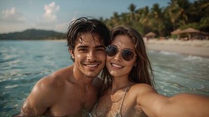 Obraz premium a couple in love taking a selfie in the ocean, a symbol of a wonderful vacation. The couple is embraced by the crystal clear water, the sunny weather, and the beautiful beach background