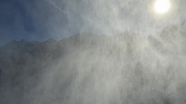 Passo del Tonale, Italy. Snow cannon. Snowmaker in action at ski resort spraying artificial snow. Winter contest. Alps