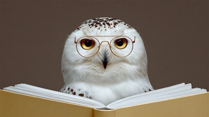 Owl wearing glasses, perched on an open book, showcasing a whimsical and intellectual atmosphere, perfect for educational themes and creative storytelling in visual content
