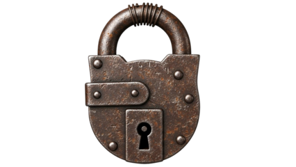 Antique ornate padlock with visible wear and tear isolated on transparent background