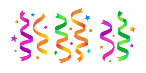 Colorful confetti streamers and sparkling stars create a festive celebration scene