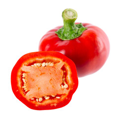 Sweet round peppers isolated on white background. Ripe round red paprika. Clipping path.