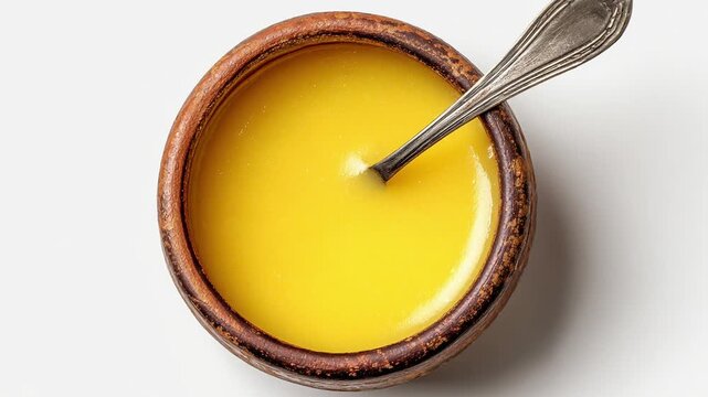 Melted ghee or clarified butter in a wooden bowl with a spoon, isolated on white