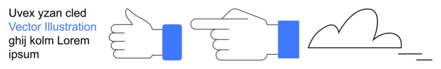 Communication, gestures, navigation, tech concepts, cloud computing, symbols. One hand points outward, another shows a thumbs-up near a cloud shape. Communication and navigation