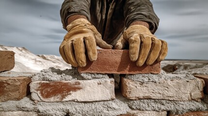 Skilled construction worker in gloves carefully laying bricks with mortar, creating a sturdy wall structure, showcasing craftsmanship and dedication to quality building techniques and materials