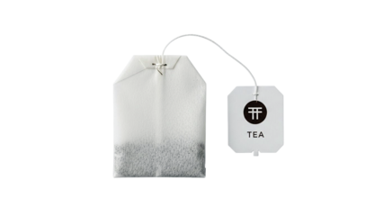 Close up of a white paper tea bag with string and tag isolated on transparent background