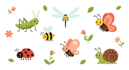 Naklejka premium A sweet collection of adorable cartoon insects like a grasshopper bee and butterfly surrounded by flowers and green leaves.