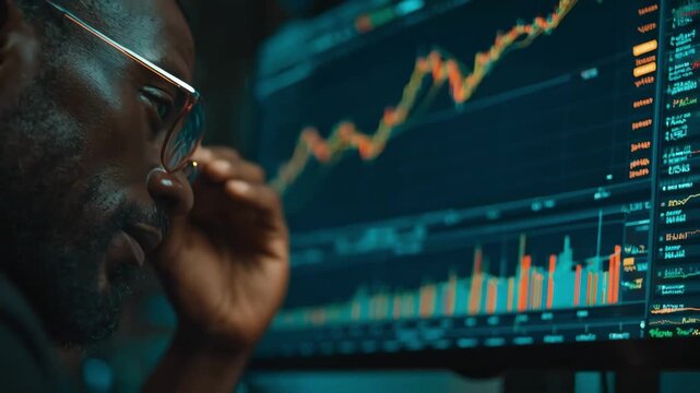 Medium shot of a financial analyst examining fluctuating stock charts highlighting political events impacting market volatility