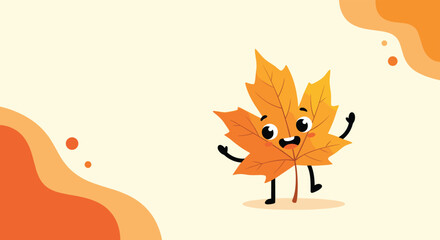 A cheerful orange maple leaf character with a happy smiling face waving its arms and dancing on a light yellow background with abstract shapes.