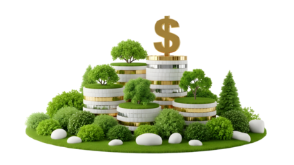 3D illustration of golden coins growing among stylized trees and plants, symbolizing wealth, savings, and financial growth.